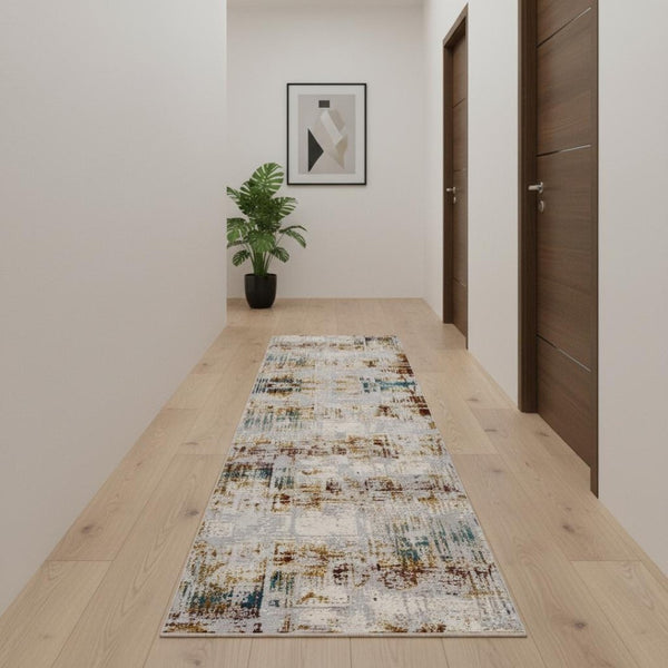 HomeRoots 13' Luxurious Beige and Gold Abstract Shag Runner Rug - Soft, Durable, Perfect for Hallways and Entryways 2' x 20' 390452