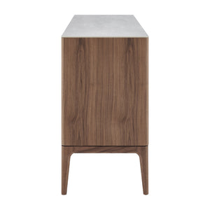 Haldis Modern Sideboard: Stylish White Ceramic Glass & Walnut Storage Solution for Any Space