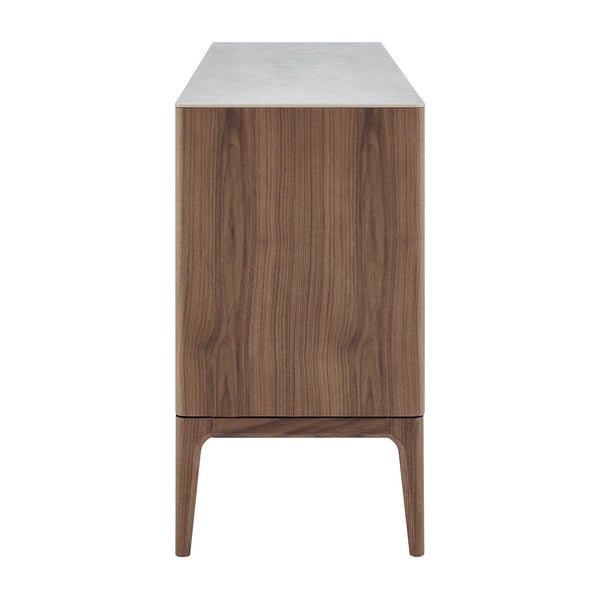 Haldis Modern Sideboard: Stylish White Ceramic Glass & Walnut Storage Solution for Any Space