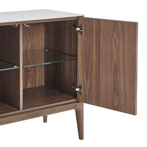 Haldis Modern Sideboard: Stylish White Ceramic Glass & Walnut Storage Solution for Any Space