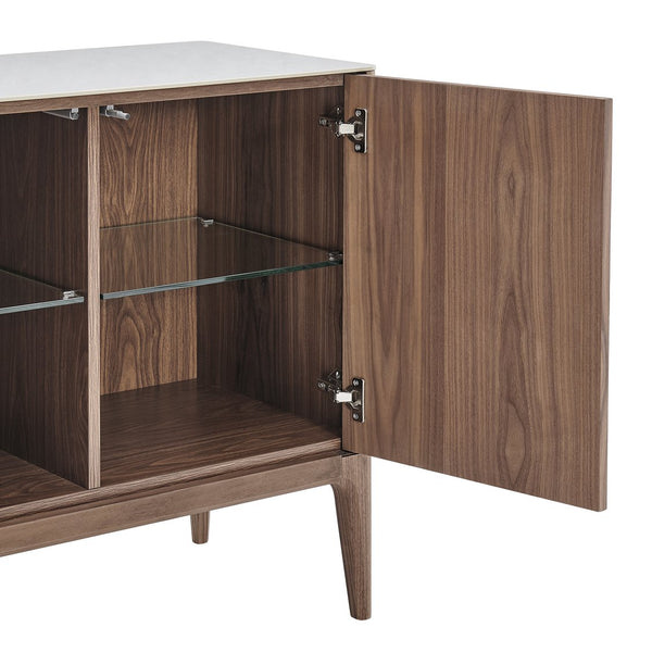 Haldis Modern Sideboard: Stylish White Ceramic Glass & Walnut Storage Solution for Any Space