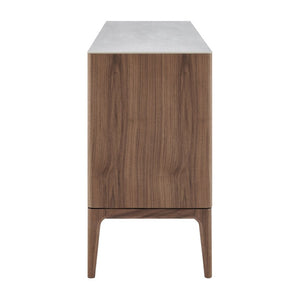 EuroStyle Haldis Walnut Veneer Sideboard with Marble Veined Ceramic Top for Modern Dining 39047-WHT