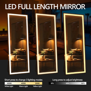 English Elm 67x22 Inch LED Full Length Mirror with 180 LEDs, Dimmable 3-Color Temps, Shatterproof Tempered Glass Frame T3757P347067
