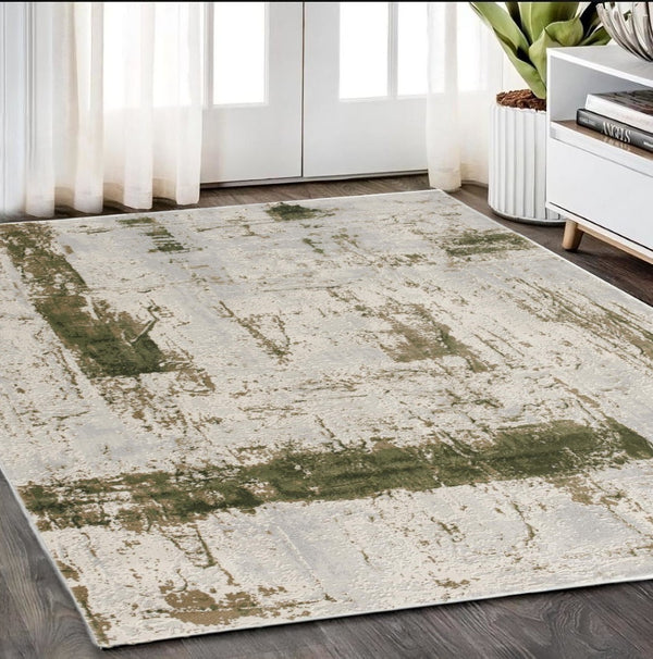 HomeRoots 4' Green Abstract Dhurrie Area Rug - Plush Comfort, Modern Design, Durable & Easy to Maintain for Any Room 5' x 8' 390498