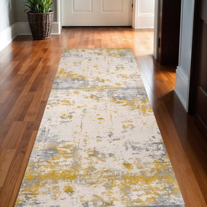 HomeRoots 4' Gold Abstract Dhurrie Area Rug - Soft, Stylish, and Durable for Modern Living Spaces and Entryways 13' Runner Runner 390515