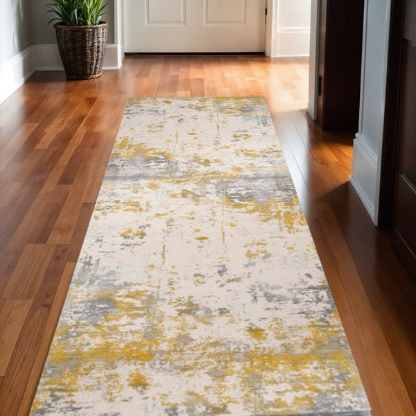 HomeRoots 4' Gold Abstract Dhurrie Area Rug - Soft, Stylish, and Durable for Modern Living Spaces and Entryways 15' Runner Runner 390516