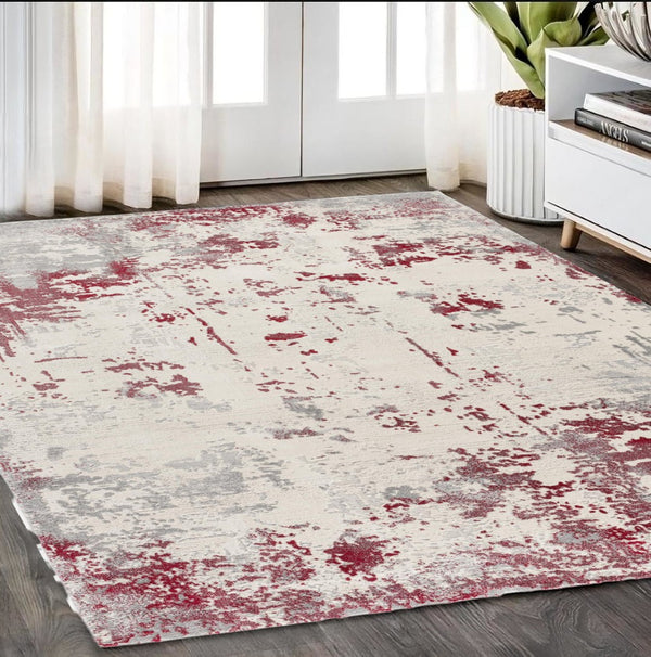HomeRoots 4' Red Abstract Dhurrie Area Rug - Plush, Modern Design for Cozy Living Spaces and Elegant Style 5' X 7' 390524
