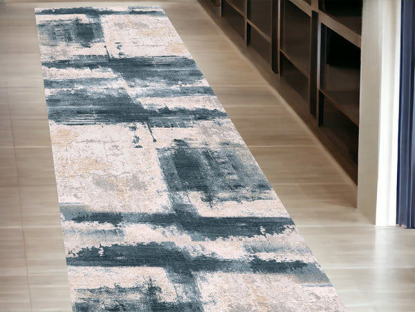 Homeroots 15' Blue And Ivory Abstract Dhurrie Runner Rug  Polypropylene 390595