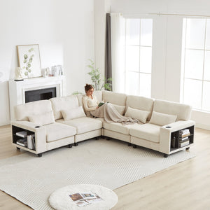 English Elm 102.75*102.75" L-Shaped Modular Sectional Sofa with Corduroy Upholstery, Storage Arm, Cup Holder, 5-Seat Convertible Lounge Beige W1926S00053