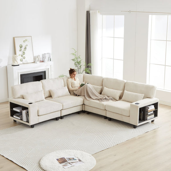 English Elm 102.75*102.75" L-Shaped Modular Sectional Sofa with Corduroy Upholstery, Storage Arm, Cup Holder, 5-Seat Convertible Lounge Beige W1926S00053
