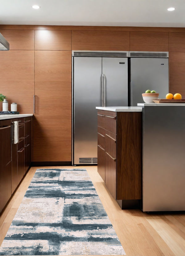 Homeroots 8' Blue And Ivory Abstract Dhurrie Runner Rug  Polypropylene 390600