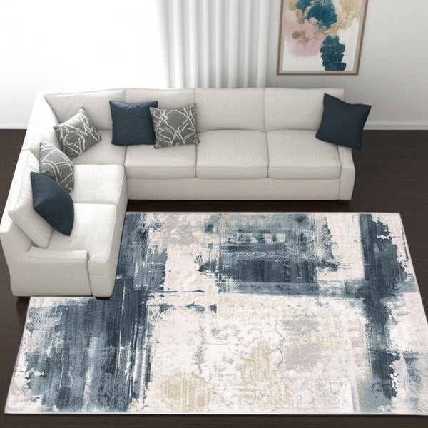 HomeRoots 5' Abstract Dhurrie Area Rug in Blue and Ivory – Modern Design for Living Rooms and Bedrooms 7' x 10' 390602
