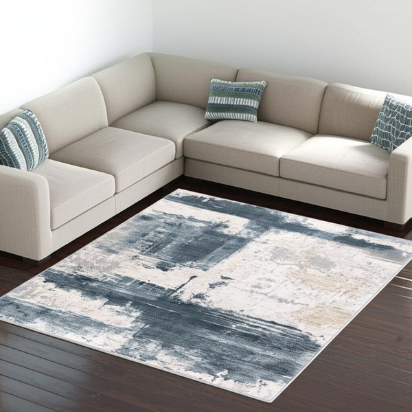 HomeRoots 5' Abstract Dhurrie Area Rug in Blue and Ivory – Modern Design for Living Rooms and Bedrooms 9' x 12' 390604