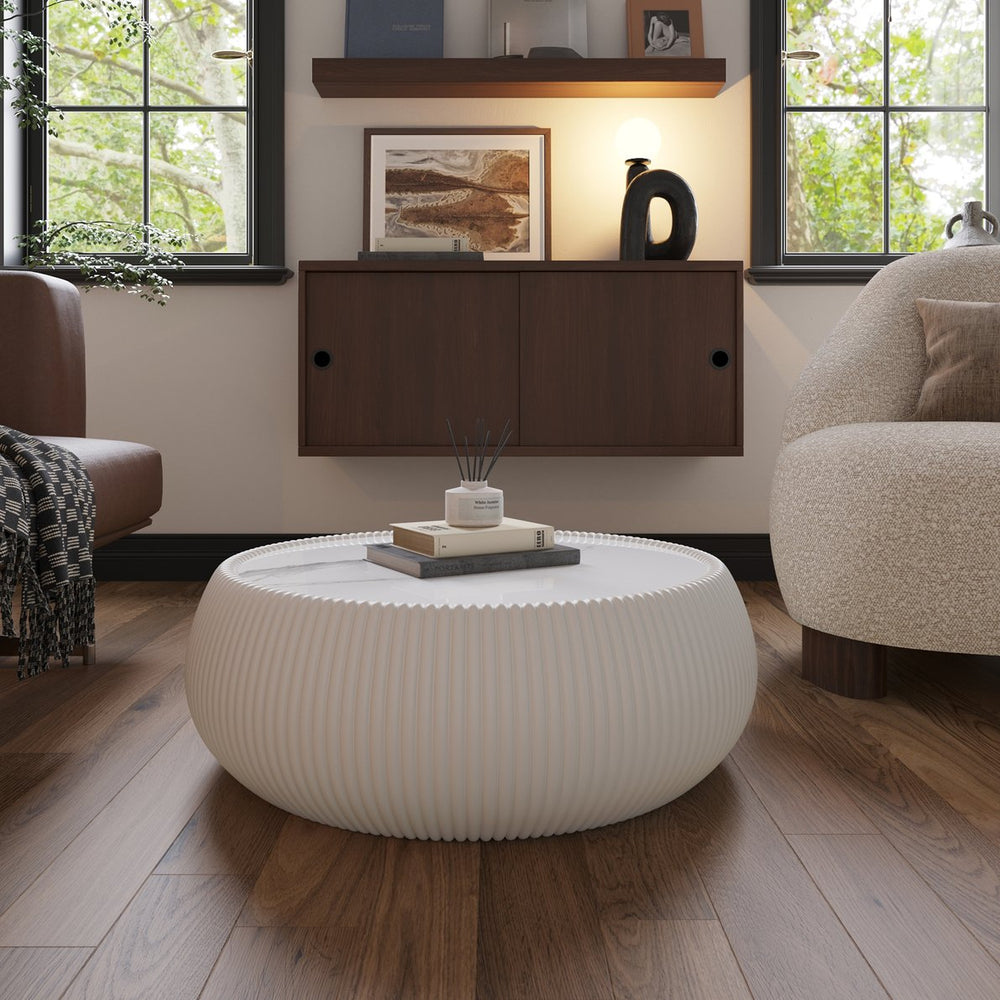 English Elm Light Marble Top Drum-Shaped Coffee Table: Chic Leather-Wrapped Design For Stylish Living Spaces W3081P367626