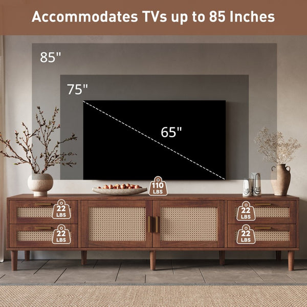 English Elm 78 Inch Rattan Media Console with Pine Legs Four Drawers Modern Living Room Tv Stand N710P365048P