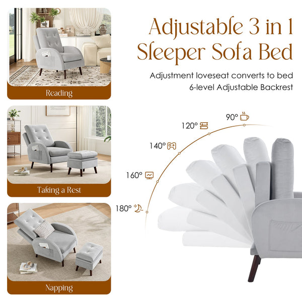 English Elm Upholstered Velvet Accent Chair and Ottoman with Storage, Tufted Design, 6-Level Adjustable Backrest Light Gray T3623P411378