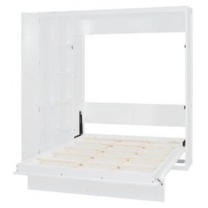 English Elm Full Size Murphy Bed with Open Shelving Wardrobe and Led Lighting for Studio Spaces White LP000898AAK-1