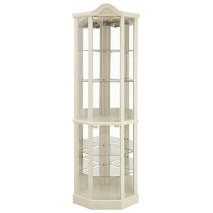 English Elm Glass Corner Curio Cabinet Lighted Dark Wood Display with Carved Crown Floral Detail White W2275P292644