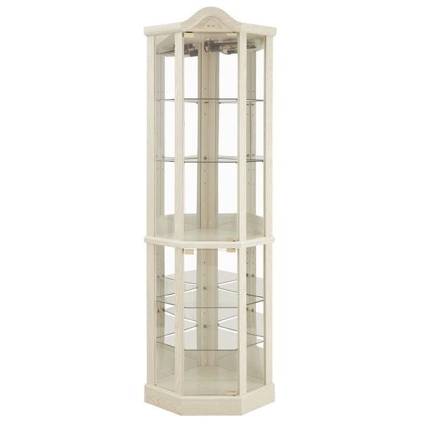 English Elm Glass Corner Curio Cabinet Lighted Dark Wood Display with Carved Crown Floral Detail White W2275P292644