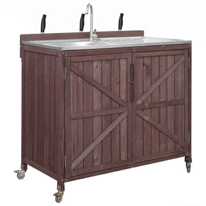 English Elm K&k Outdoor Prep Station Stainless Steel Top Fir Wood Cabinet with Drawer and Wheels N707P370281Z