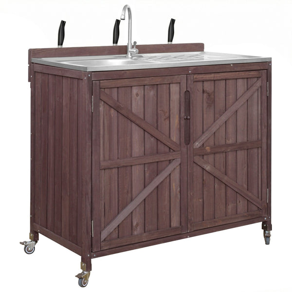 English Elm K&k Outdoor Prep Station Stainless Steel Top Fir Wood Cabinet with Drawer and Wheels N707P370281Z