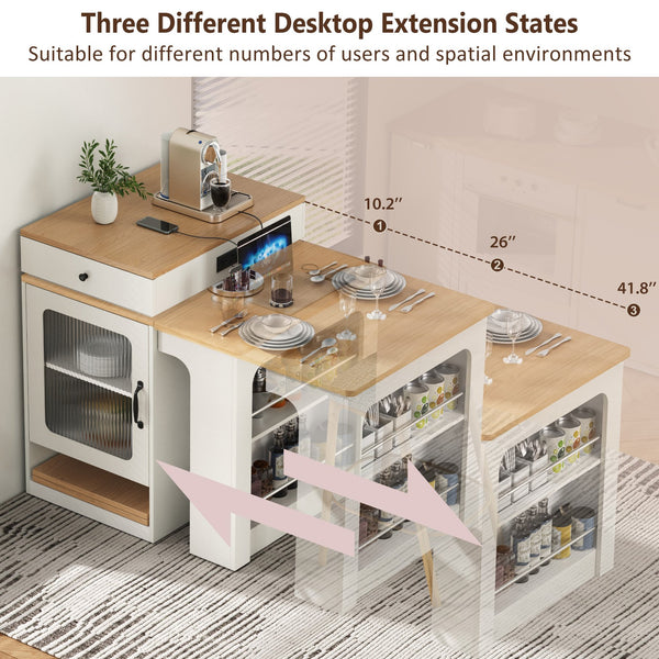 English Elm K&K Modern Extendable 59.5" Kitchen Island with Double-Sided Storage, Power Outlet & Casters White N707S000017W