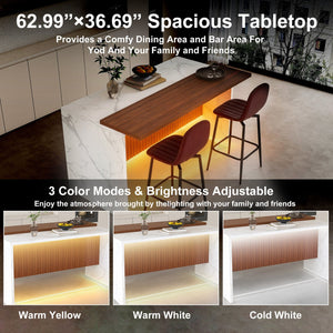 English Elm 63-Inch Modern Kitchen Island Set With Led Lighting & 2 Bar Stools - Elegant Marble Look For Dining W2699S00064