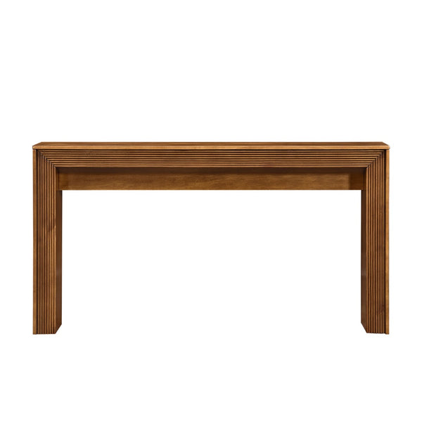 English Elm Fluted Counter Height Dining Set Narrow Bar Console with Upholstered Stool Retro Wood Brown W1202P330888