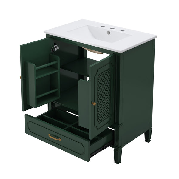 English Elm Christopher Knight Home® - 30" Bathroom Vanity with Sink Vintage Acacia Frame Ceramic Basin Soft-Close Doors & Storage Green N759P313313F