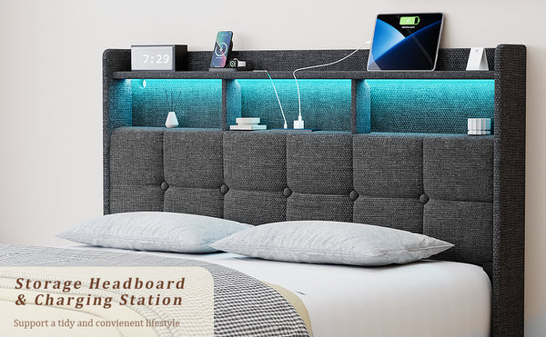 English Elm Queen LED Bed Frame with Linen Headboard, 2 Drawers, Fast Charging Ports, Remote RGB Nightlight W1550P190362