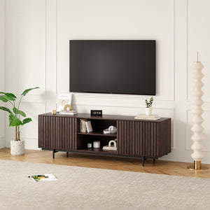 English Elm Modern Low Profile Media Console with Open Shelving and Concealed Cabinet Storage Dark Walnut T3623P434862