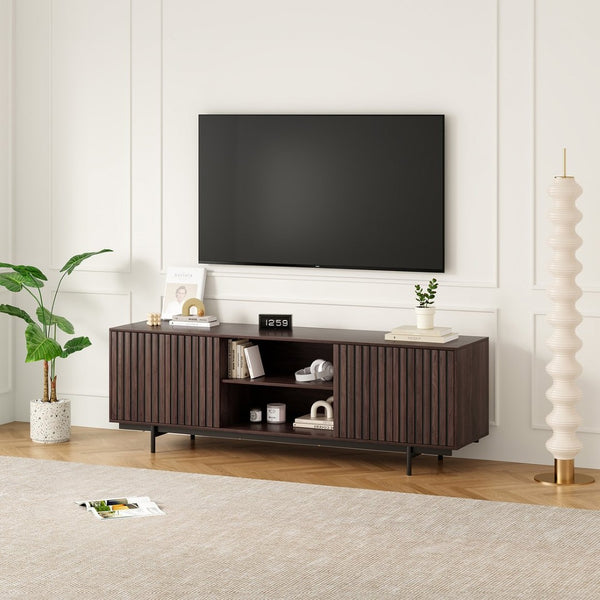 English Elm Modern Low Profile Media Console with Open Shelving and Concealed Cabinet Storage Dark Walnut T3623P434862