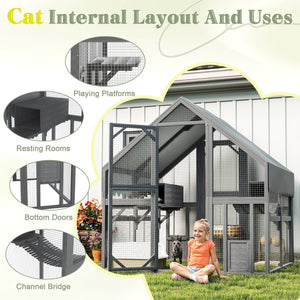 English Elm Cat, Outdoor Wood Enclosure Multi-level Shelter with Platforms Resting Boxes Waterproof Canopy W1598S00039