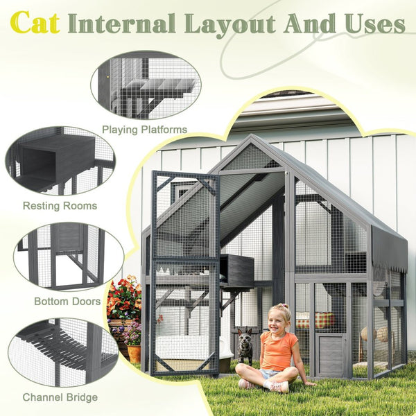 English Elm Cat, Outdoor Wood Enclosure Multi-level Shelter with Platforms Resting Boxes Waterproof Canopy W1598S00039