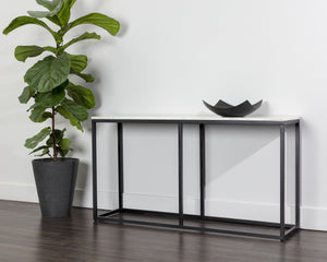 Sunpan Ellery Console Table - Modern Elegance with White Marble Top & Matte Black Steel Base, Handcrafted Beauty