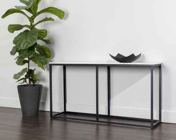 Sunpan Ellery Console Table - Modern Elegance with White Marble Top & Matte Black Steel Base, Handcrafted Beauty