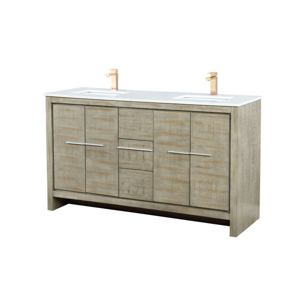 English Elm Rustic Acacia Double Bath Vanity 60" W X 20" D, White Quartz Top & Rose Gold Faucet For Elegance B2731P259213-GIGA