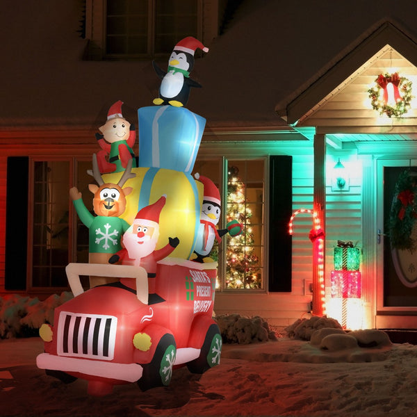 English Elm Outsunny 9Ft Inflatable Santa Gift Car Scene With Elk, Elf & Penguins - Led Holiday Lawn Decor! W2225P249963-GIGA
