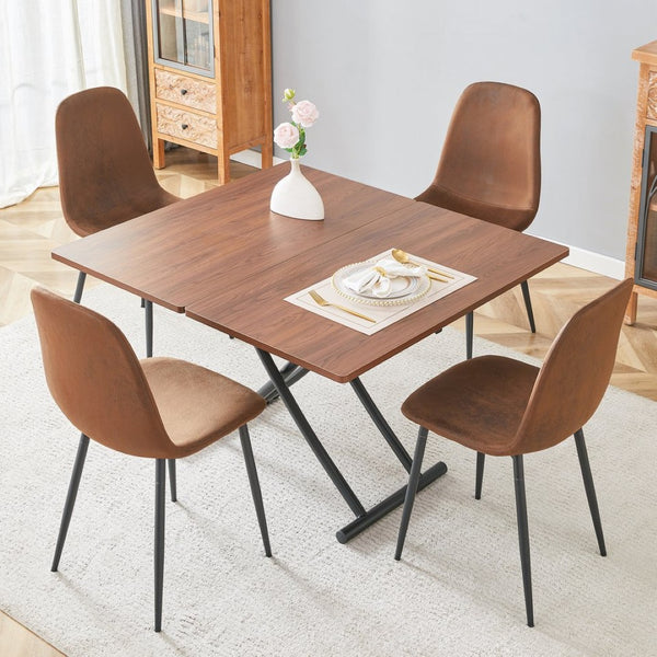 English Elm Table Set With Adjustable Height: Modern Walnut Mdf Top & 4 Brown Tech Fabric Chairs For Versatile Use W1151S04093-GIGA