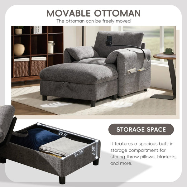 English Elm 38" Chenille Chaise Lounge with Storage Ottoman Usb Charging and Armrest Pockets N723P303462E