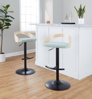 English Elm Adjustable Swivel Barstools Set of 3 Chrome Base Natural Wood Green Fabric Seat B202S02016