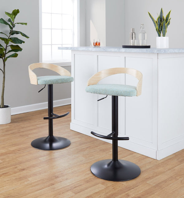 English Elm Adjustable Swivel Barstools Set of 3 Chrome Base Natural Wood Green Fabric Seat B202S02016