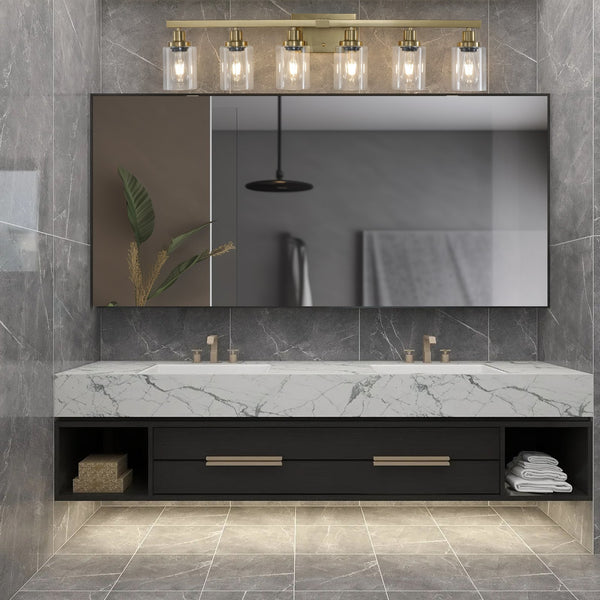 English Elm 37" Golden 6-Light Vanity Light with Clear Glass Shades, Modern Iron Wall-Mounted Bathroom Fixture, Hard-Wired Elegance W2312P374802