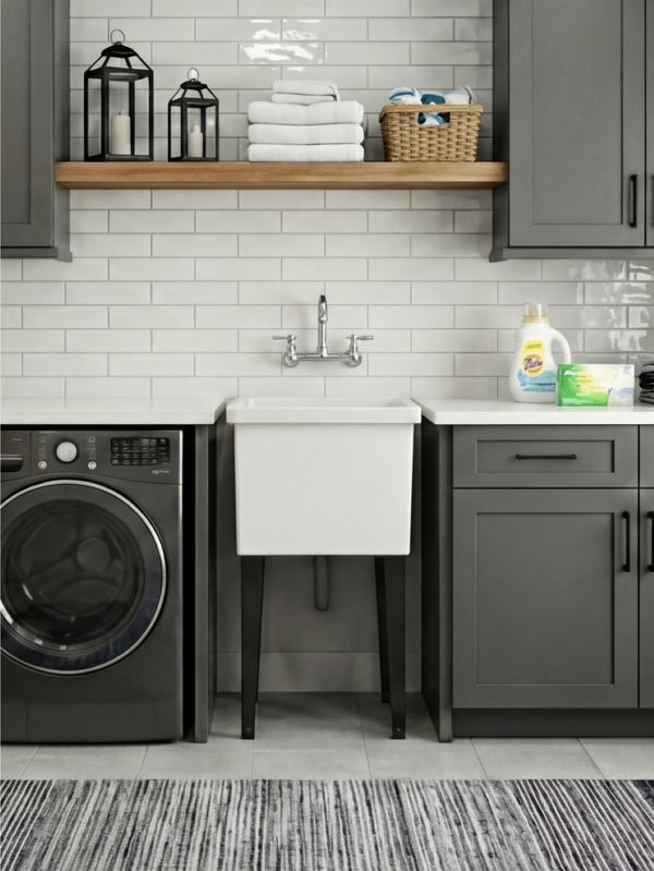 English Elm Bari Freestanding Plastic Utility Sink with Cabinet Storage for Laundry or Garage B200S00467