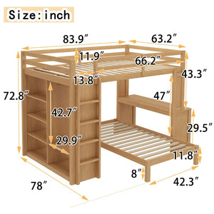 English Elm Queen Over Twin Bunk Bed With Built-In Desk, Storage, And Dismountable Lower Bed - Natural Wood W1580S00216-GIGA