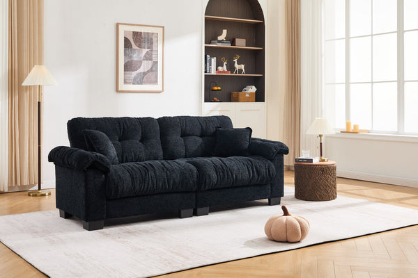 English Elm Casual 3-Seater Chenille Sofa In Black - Modern Pleated Design For Luxurious Comfort & Style W2100S00315