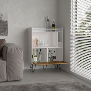 English Elm Tori 42" Tall One-Door Bar Cabinet with 3 Cubbies, 3 Shelves, Prep Surface & Rail, White Oak Chic B200P286936