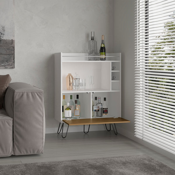 English Elm Tori 42" Tall One-Door Bar Cabinet with 3 Cubbies, 3 Shelves, Prep Surface & Rail, White Oak Chic B200P286936