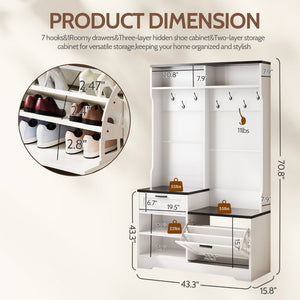 English Elm Hall Tree Entryway Organizer with Bench Seat Shoe Cabinet and Coat Hooks Mdf Farmhouse White+Black T5618P448219