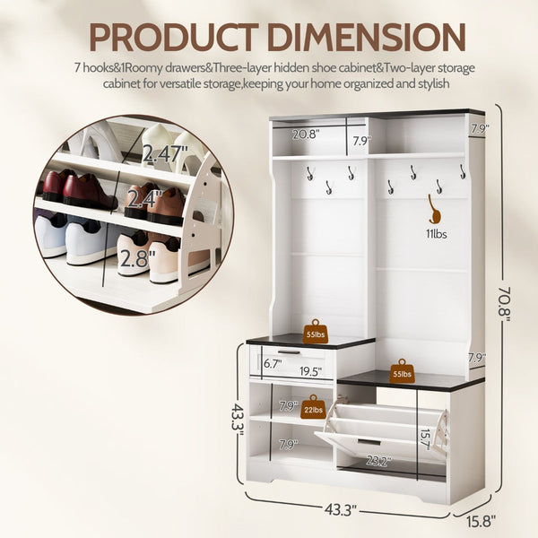 English Elm Hall Tree Entryway Organizer with Bench Seat Shoe Cabinet and Coat Hooks Mdf Farmhouse White+Black T5618P448219
